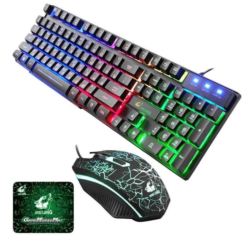 Set tastatura gaming ZiYou Lang T3, Wireless, iluminare rainbow, reincarcabila, cablu USB cu mouse si touchpad, Neagra