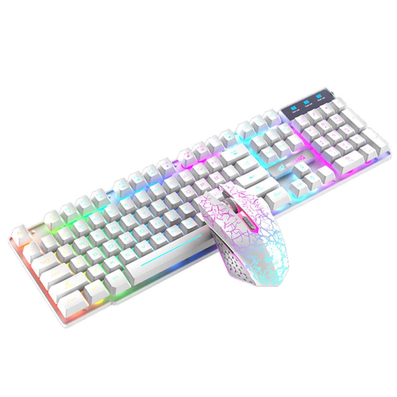 Tastatura gaming KUIVN T6, Wireless iluminare rainbow, reincarcabila, cablu USB + mouse si touchpad, Alba