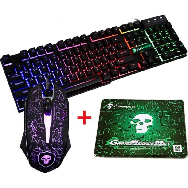 Tastatura gaming KUIVN T6 cu fir, iluminare rainbow, reincarcabila, cablu USB + mouse si touchpad, Neagra