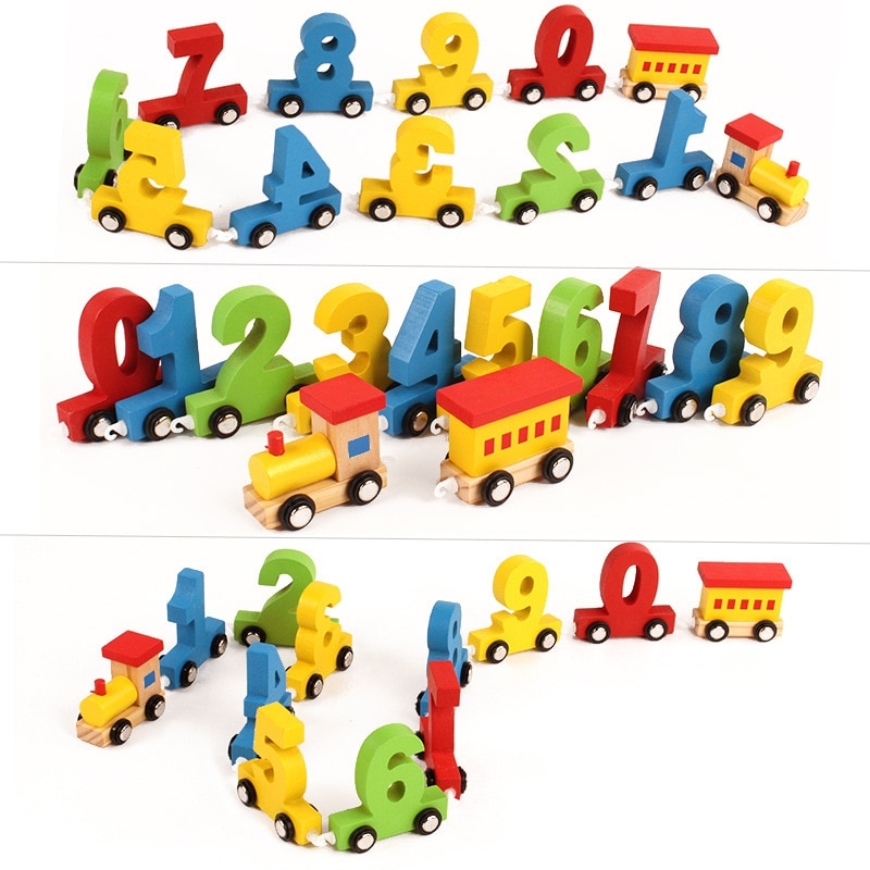 Tren din lemn cu vagoane cifre de la 0 la 9 karemi, multicolora
