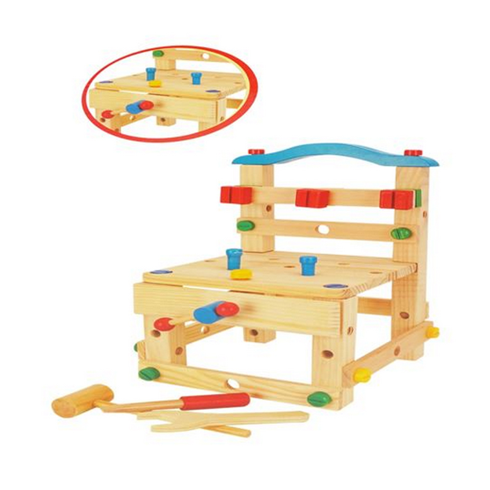 Jucarie educativa karemi, scaun de asamblat din lemn, diferite scule si forme geometrice