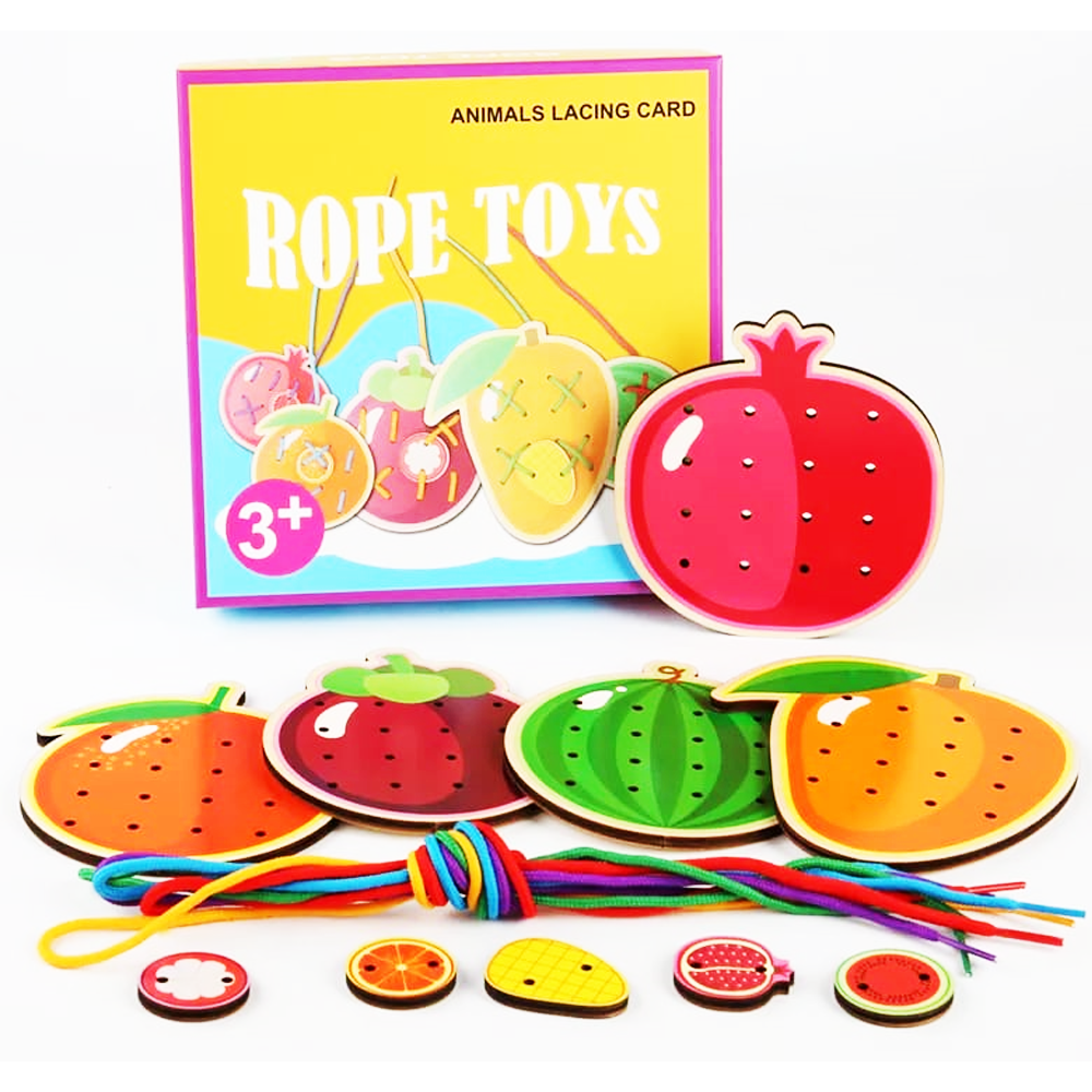 Puzzle educativ cu snururi karemi, model fructe, multicolor