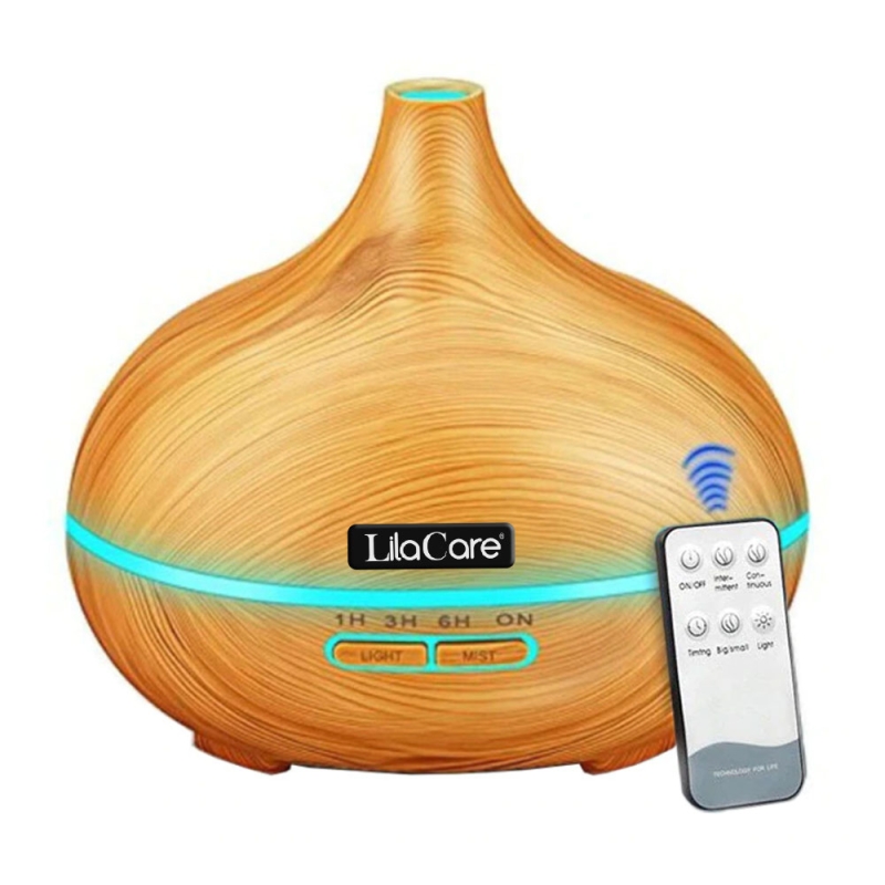 Umidificator difuzor aromaterapie, Lila Care, 500 ml, ultrasonic, cu telecomanda, lemn bambus