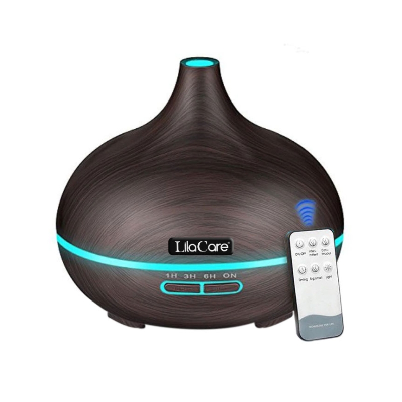 Umidificator difuzor aromaterapie, lila care, 500 ml, ultrasonic, cu telecomanda, lemn stejar