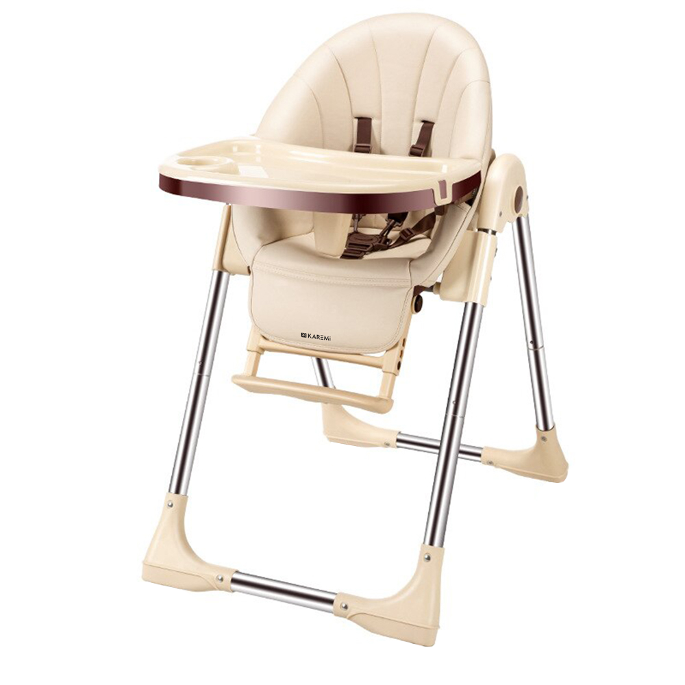​scaun de masa karemi, pentru bebe, multifunctional, din piele ecologica, cu tavita si suport picioare, maro