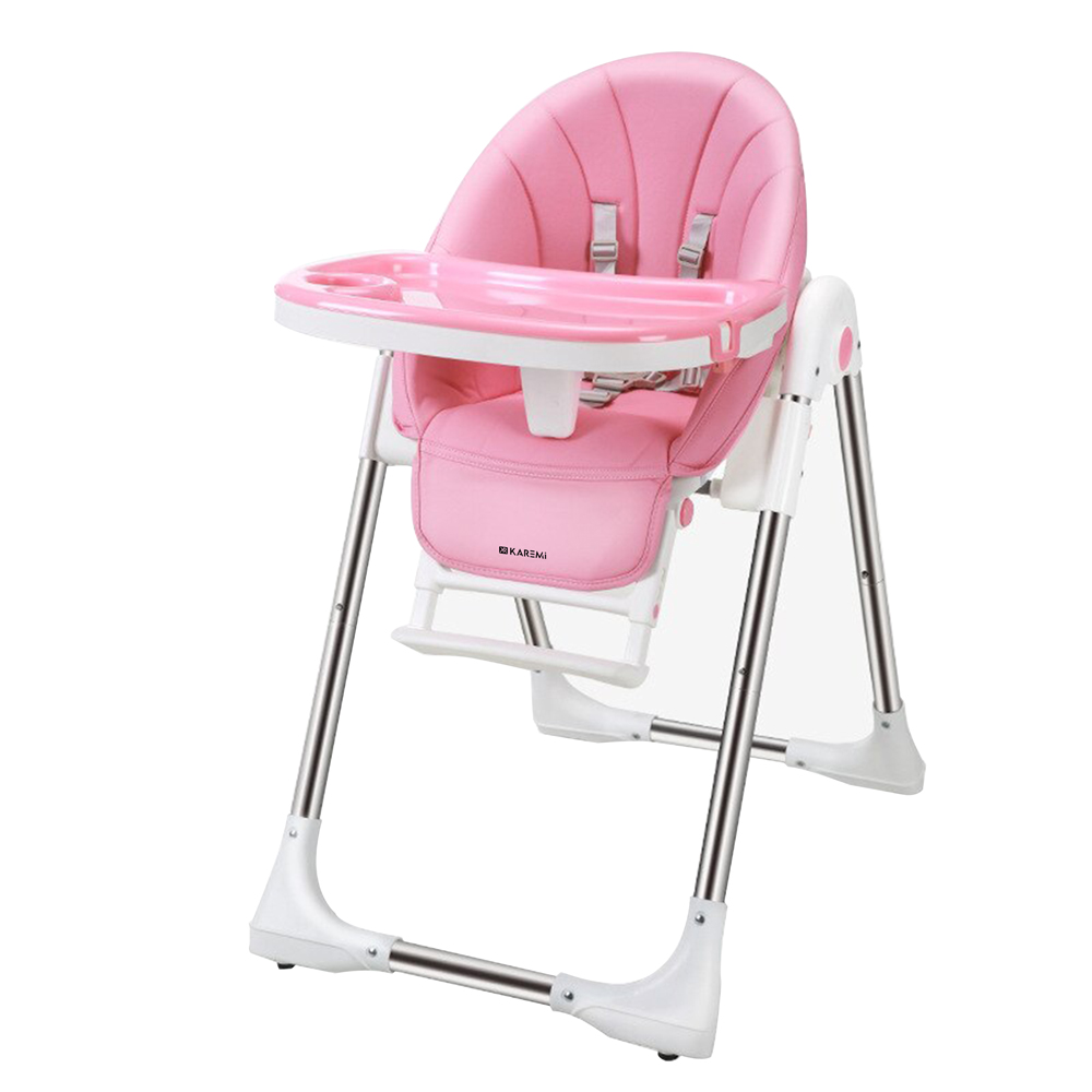 ​Scaun de masa Karemi, pentru bebe, multifunctional, din piele ecologica, cu tavita si suport picioare, roz