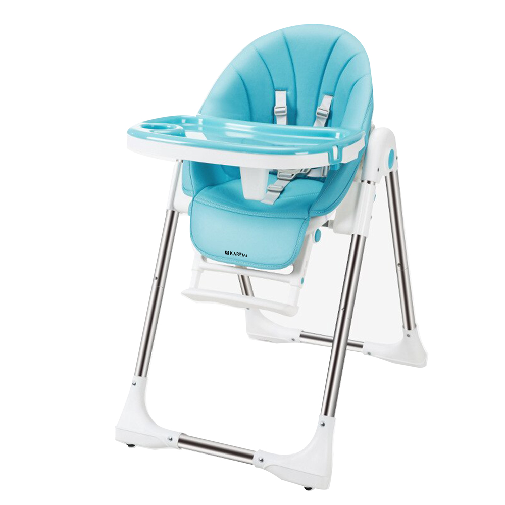 ​Scaun de masa Karemi, pentru bebe, multifunctional, din piele ecologica, cu tavita si suport picioare, albastru