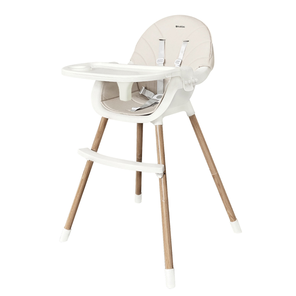 ​Scaun de masa Karemi, pentru bebe, multifunctional, cu tavita si picioare lemn, bej