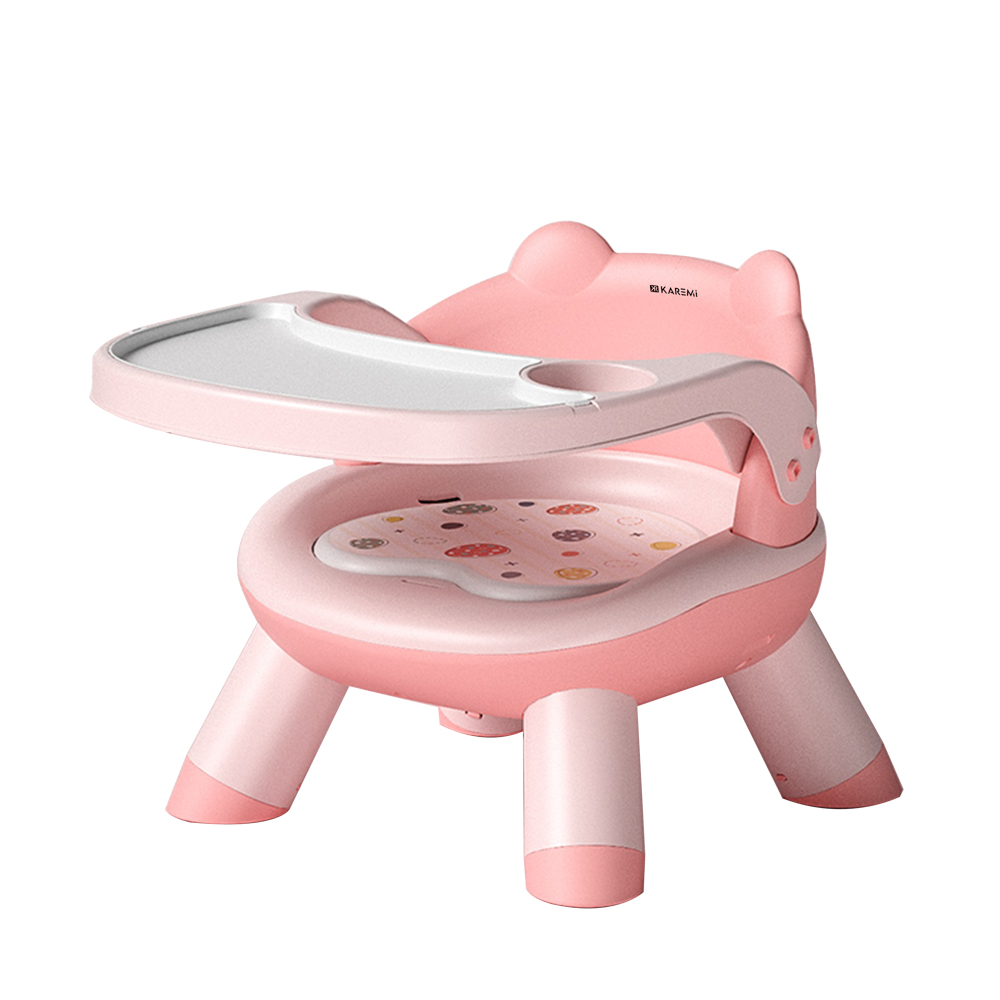 ​Scaun de masa Karemi, pentru bebe, multifunctional, cu tavita, din PVC​, roz