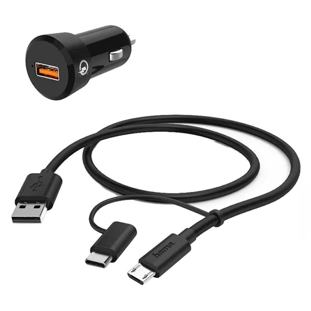 Incarcator auto hama, usb, quick charge 3.0, cablu type c / microusb, negru