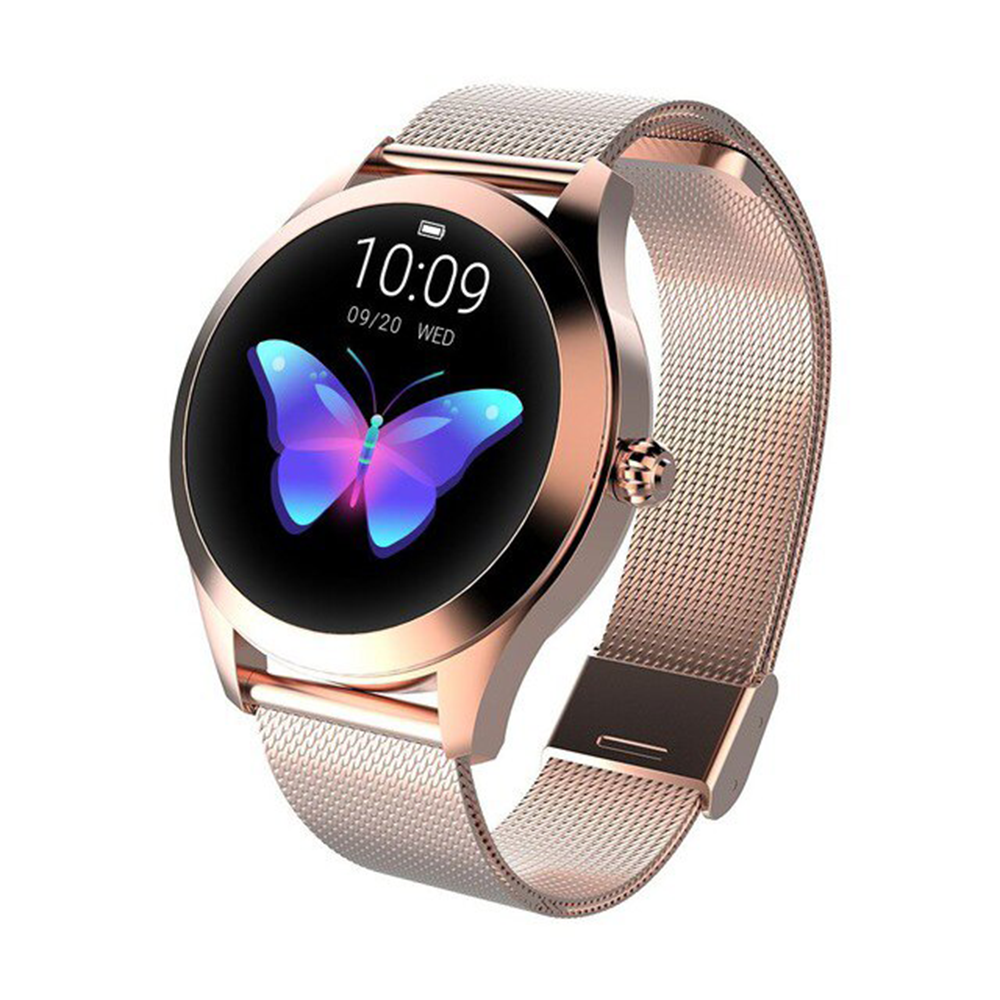 Ceas smartwatch loomax KW10, monitorizare ciclu menstrual, ritm cardiac, pedometru, sedentarism, somn, notificari instant, bratara metalica, rezistent la apa ip68, vibratii, multi sport, gold