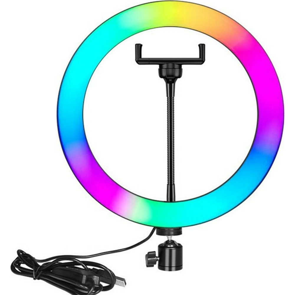 Lampa circulara LED Karemi, diametru 25 cm, tranzitie culori, conectare USB, suport telefon