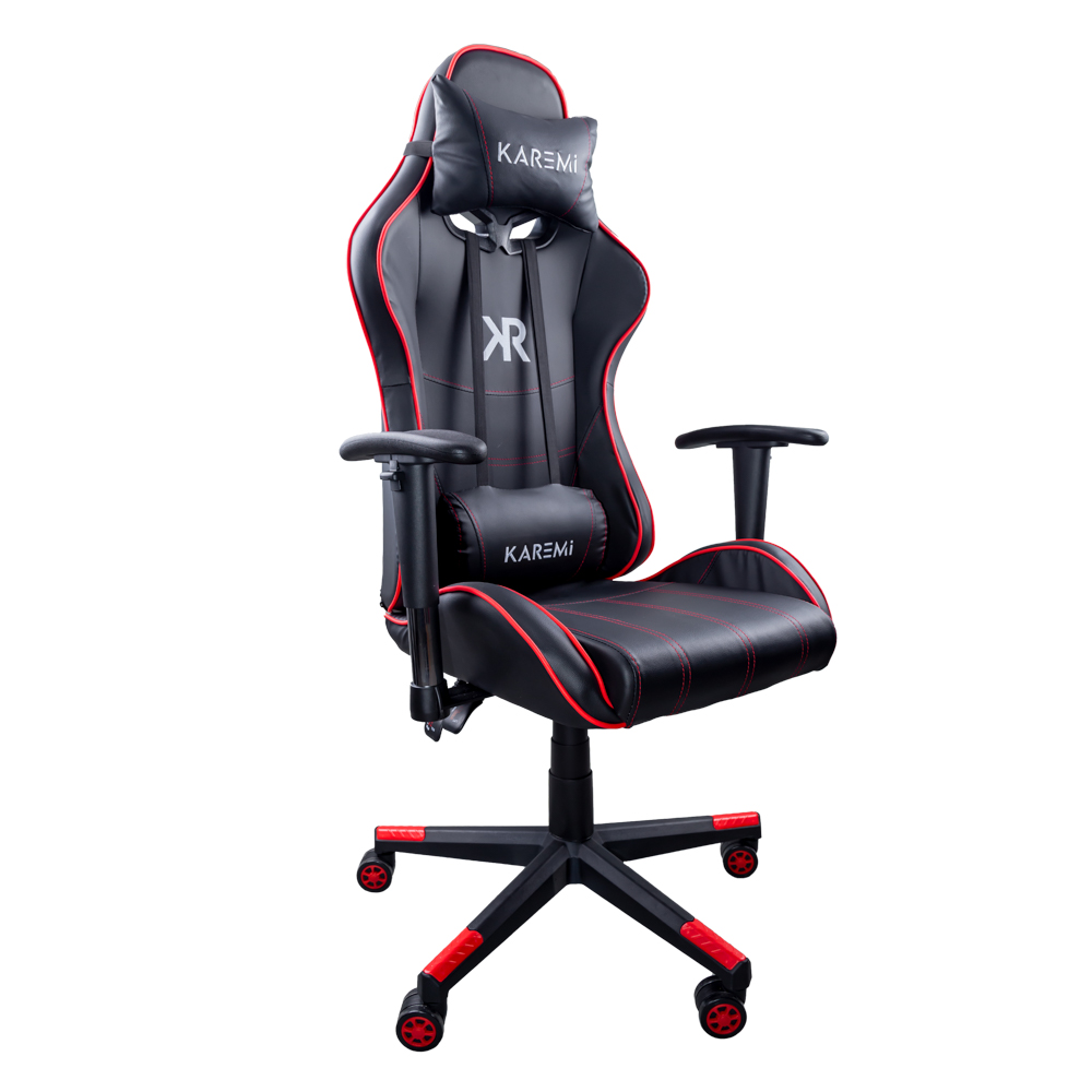 Scaun gaming Karemi, piele ecologica, 2 perne incluse, negru cu linii rosii