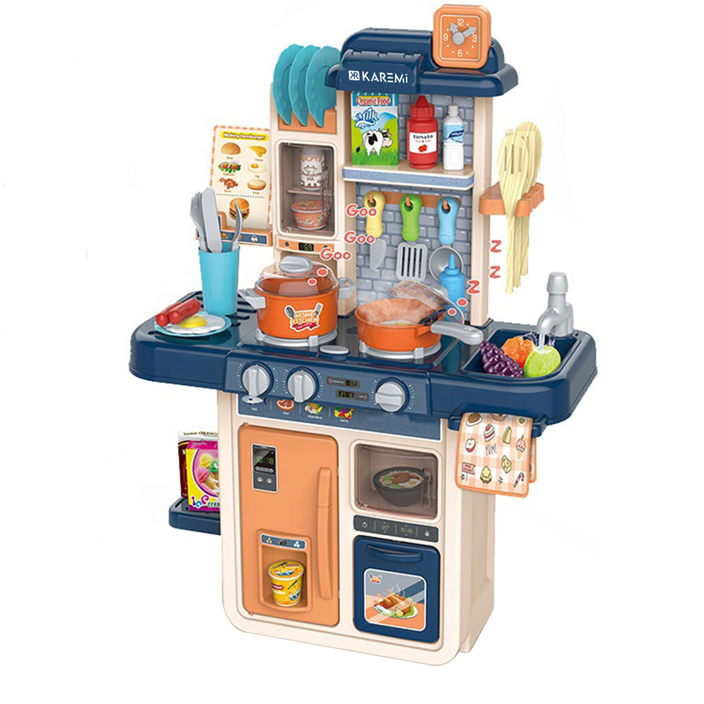 Bucatarie pentru copii karemi, finisaje realiste, accesorii incluse, 47x23x63 cm, bej cu blat albastru