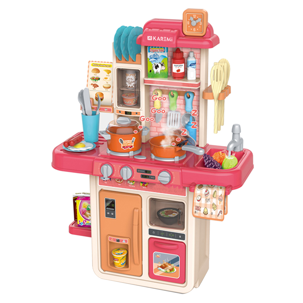 Bucatarie pentru copii karemi, finisaje realiste, accesorii incluse, 47x23x63 cm, bej cu blat roz