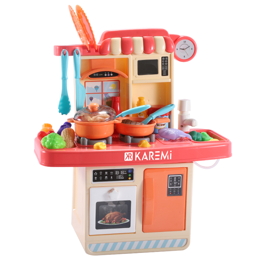 Bucatarie pentru copii karemi, ustensile si accesorii, 34x16x39cm, bej, blat roz