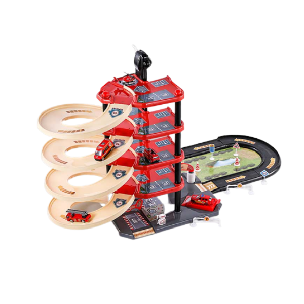 Set parcare pentru masinute karemi, pe 4 nivele, 1 elicopter, 4 masini de pompieri