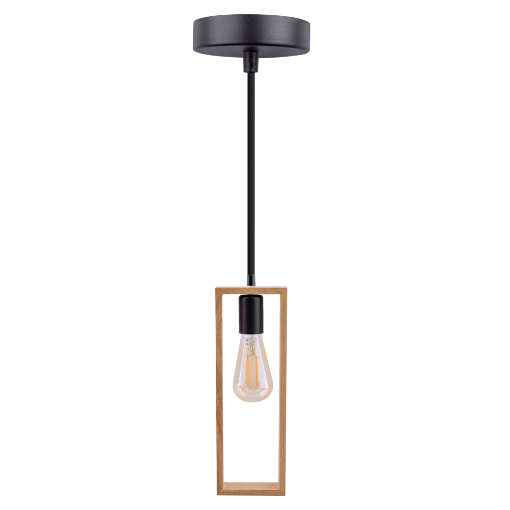 Lustra suspendata moderna din lemn natural, structura metalica, negru mat, 1xe27