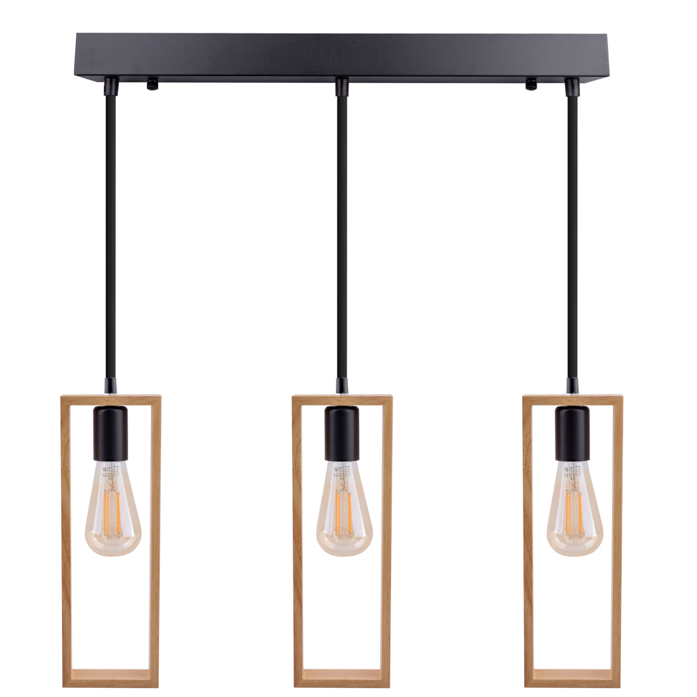 Lustra suspendata moderna din lemn natural, structura metalica negru mat, 3xe27