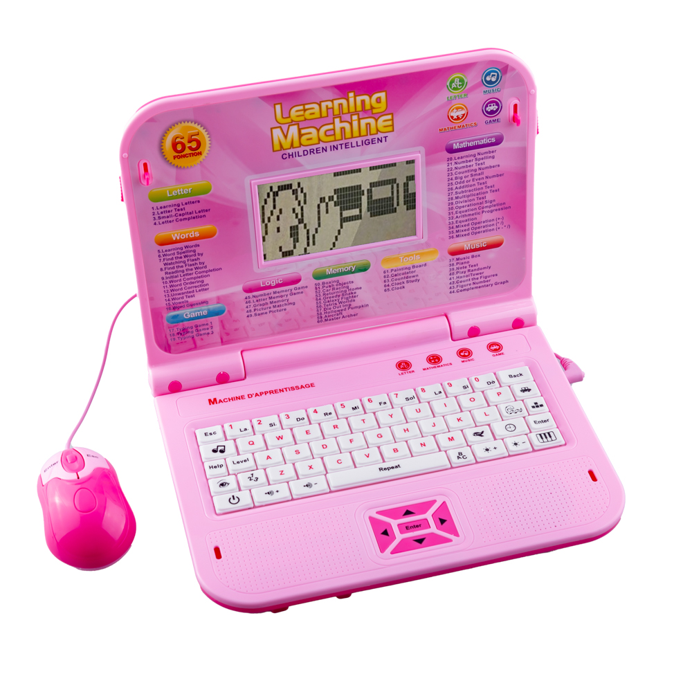 Laptop de jucarie karemi, educational si interactiv pentru copii, 65 functii, ecran lcd, mouse, roz