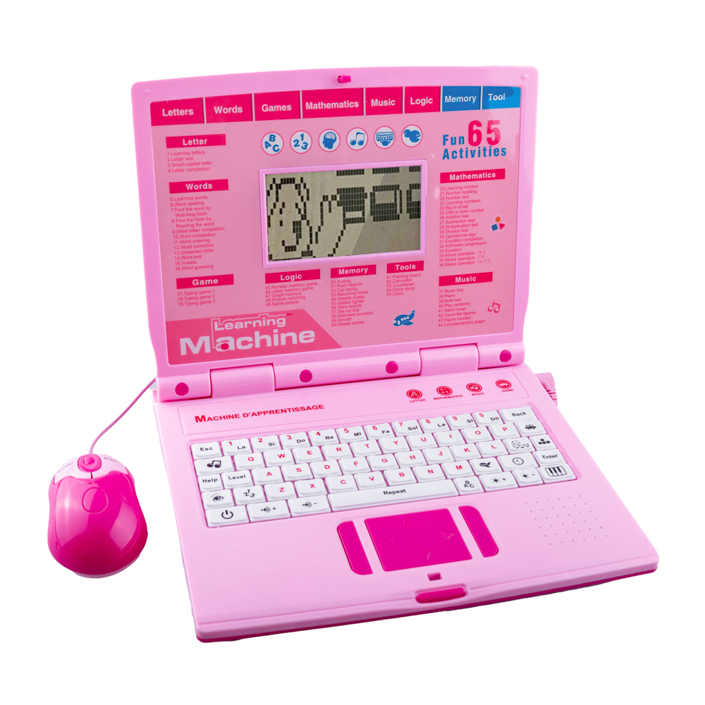 Laptop de jucarie karemi, educational si interactiv pentru copii, ecran lcd 65 functii, mouse, roz