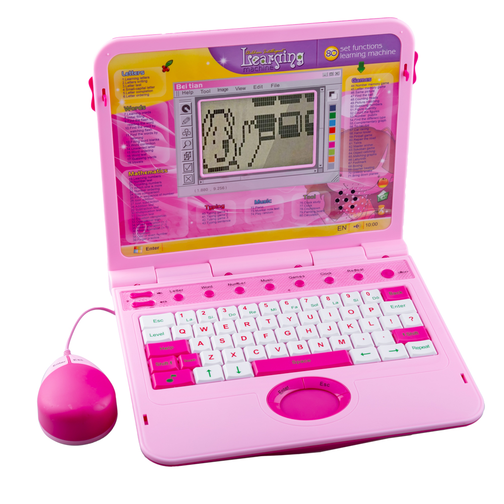 Laptop de jucarie Karemi, educational si interactiv pentru copii, 80 functii, ecran LCD, mouse, roz