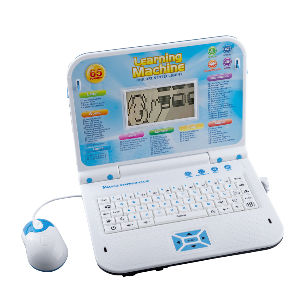 Laptop de jucarie Karemi, educational si interactiv pentru copii, 65 functii, ecran LCD, mouse, albastru