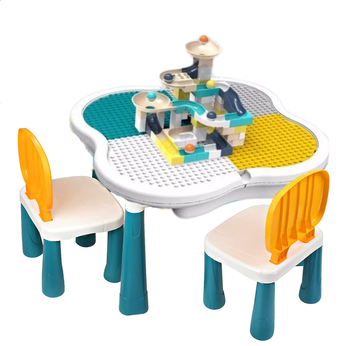 Masa interactiva tip lego pentru copii, cu 2 scaune + cuburi de asamblare, masuta activitati